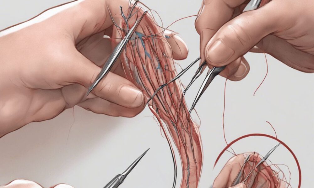 suturing together the ends of a severed nerve.